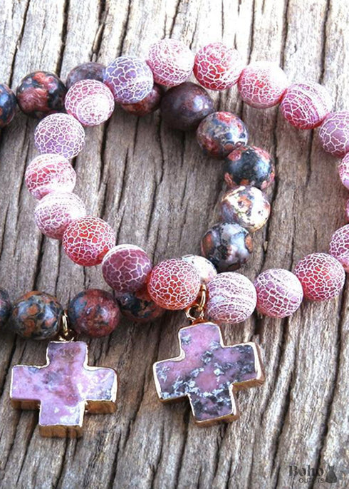 Boho Bracelet, RH Natural Stones Pink Cross